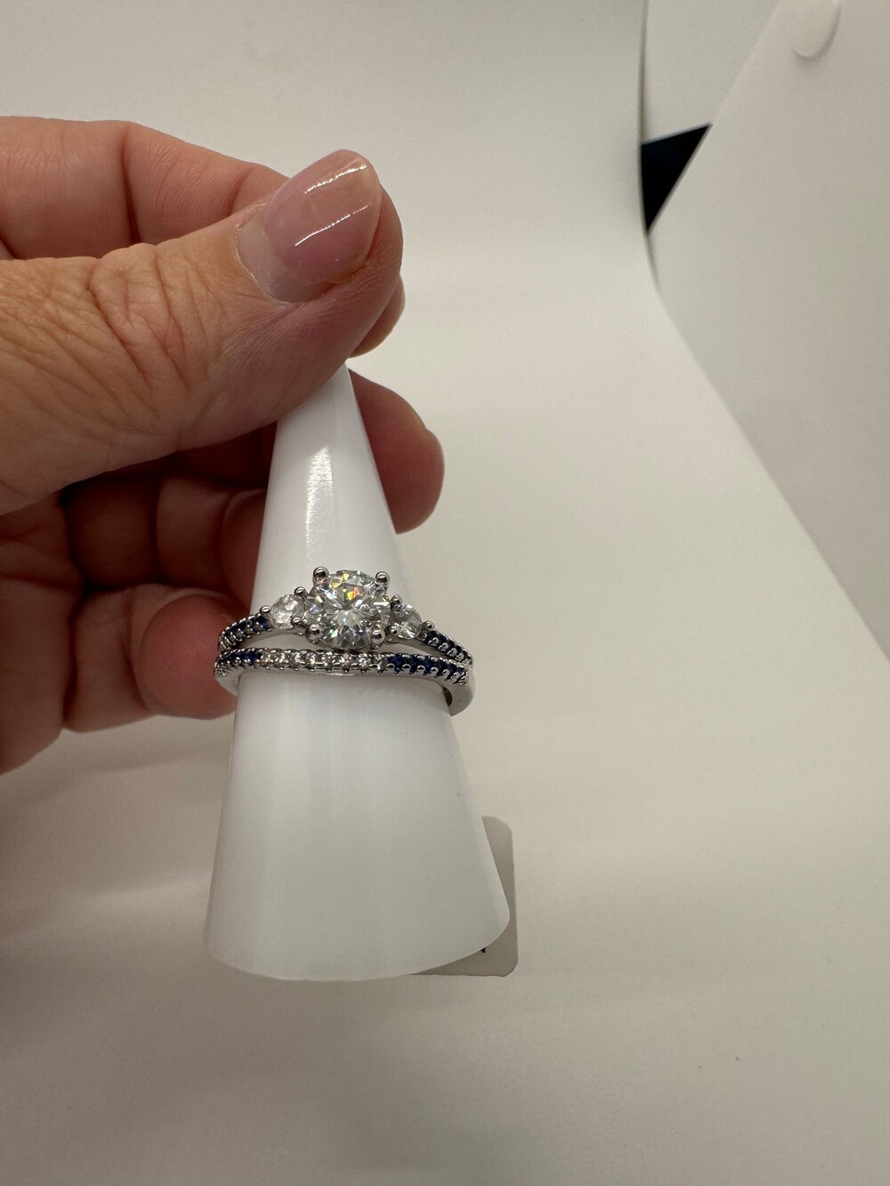 Moissanite 1.0 ct Engagement Ring Set Size 9 with Blue Sapphire-Hued Accents GRA